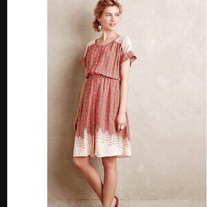 Maeve | Red Cream Geometric Button Front Short Sleeve Dress Size Small